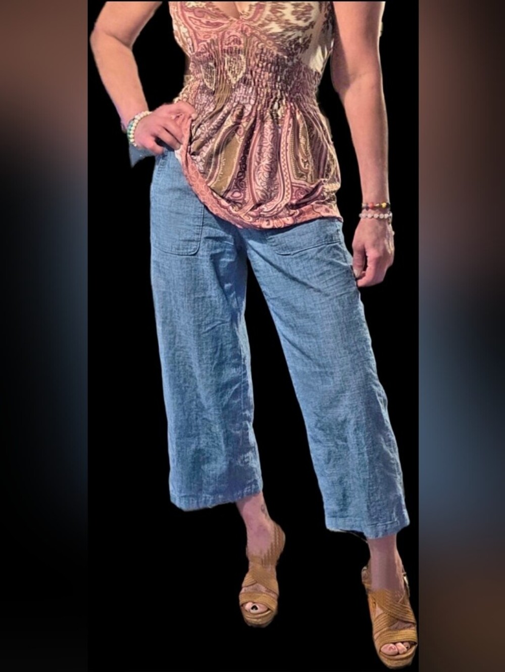 J. CREW Chambray Wide Leg ,cropped, Elastic Waist,100% Cotton Sizec4